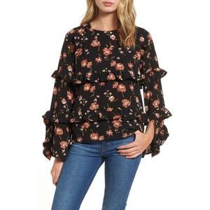 BP. Nordstrom Floral Print Tiered Ruffle Oversized Blouse XXS 00 Black Boho
